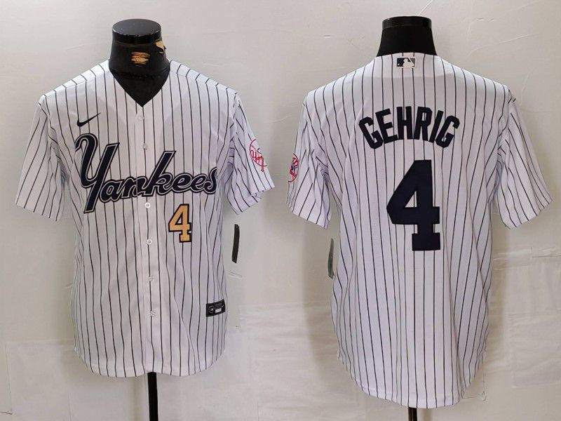 Men New York Yankees #4 Gehrig White stripe Three generations of joint names Nike 2024 MLB Jersey style 2->new york yankees->MLB Jersey